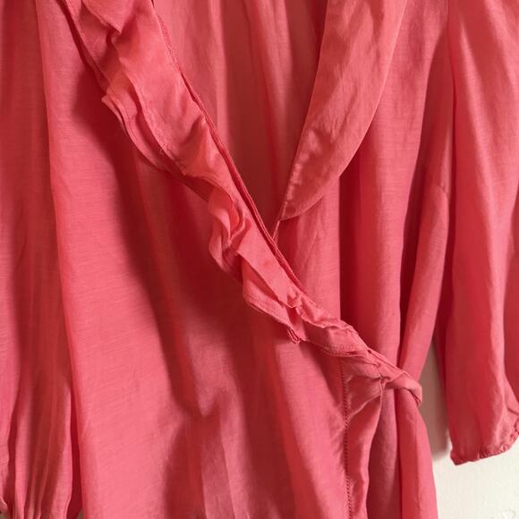 Anthropologie Odille Size 2 Blouse - Pink Wrap Sheer Tie Ruffles Long Sheer - Picture 4 of 12